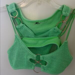 Neon Green Textured Ring-Accent Bikini Top and Bottom